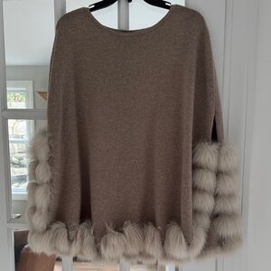 Chic Tan Poncho with Faux Fur Accents